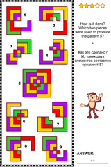 IQ training abstract visual puzzle: How is it done? Which two pieces were used to produce the pattern 5? Answer included.