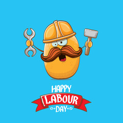 International workers day or labour day greeting card . vector funny cartoon brown smiling worker potato with engineer helmet holding hummer and wrench isolated on blue background. Mayday poster