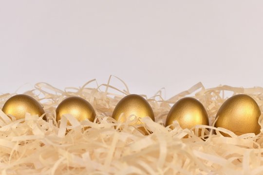 Five golden eggs in chips nest along the bottom of the frame. Front view from above. With soft light. - Powered by Adobe
