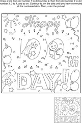 100th day of school learning celebration themed connect the dots picture puzzle and coloring page  - Happy 100th day! - greeting text. Answer included.