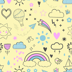 Cute colorful seamless pattern of hand drawn doodle elements on white background. Rainbow, stars, clouds, sun, flower pattern.