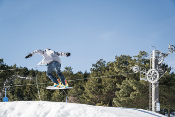 Snowboarder jump back