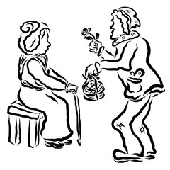 An old man gives an old lady a cake and a flower