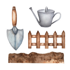 Watercolor garden tools set. Hand drawn illustrations:  garden shovel, watering can and wooden fence and the soil. Garden furniture objects isolated on white background. © MayaNavits