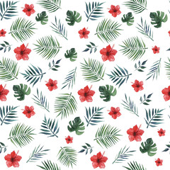 Seamless pattern with palm leaves, monstera leaves and red hibiscus flowers on a white background . Watercolor illustration.