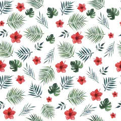 Poster Seamless pattern with palm leaves, monstera leaves and red hibiscus flowers on a white background . Watercolor illustration. © Maria