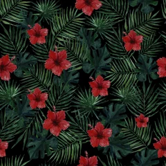 Foto op Plexiglas Seamless pattern with palm leaves, monstera leaves and red hibiscus flowers on a black background . Watercolor illustration. © Maria