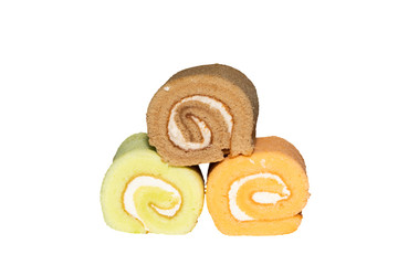 Colorful roll cake Creamy butter roll cake filling on a white background