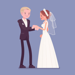 Bride, groom exchange of wedding rings ceremony. Elegant man, woman in a beautiful white dress on traditional celebration, married couple in love. Marriage customs and traditions. Vector illustration