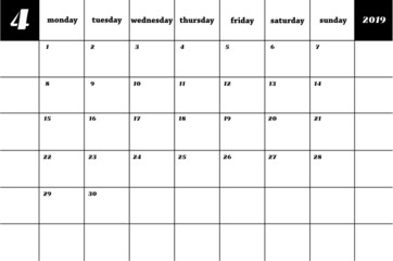 April 2019. Calendar planner	