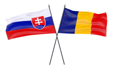 Slovakia and Romania, two crossed flags isolated on white background. 3d image