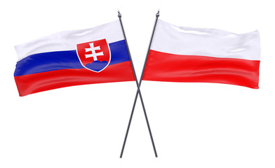 Slovakia and Poland, two crossed flags isolated on white background. 3d image