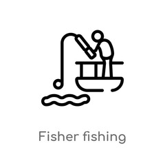 outline fisher fishing vector icon. isolated black simple line element illustration from sports concept. editable vector stroke fisher fishing icon on white background