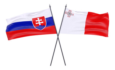 Slovakia and Malta, two crossed flags isolated on white background. 3d image