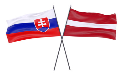 Slovakia and Latvia, two crossed flags isolated on white background. 3d image