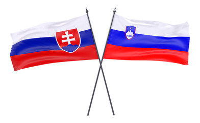 Slovakia and Slovenia, two crossed flags isolated on white background. 3d image