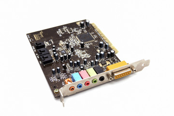 Damaged burned destroyed computer graphic card on white background