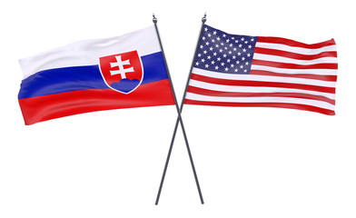 Slovakia and USA, two crossed flags isolated on white background. 3d image