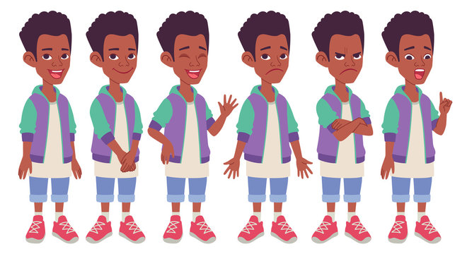 Cartoon character design. Black African American boy. Set of different standing poses, gestures   and facial expressions. Vector illustration isolated on white background