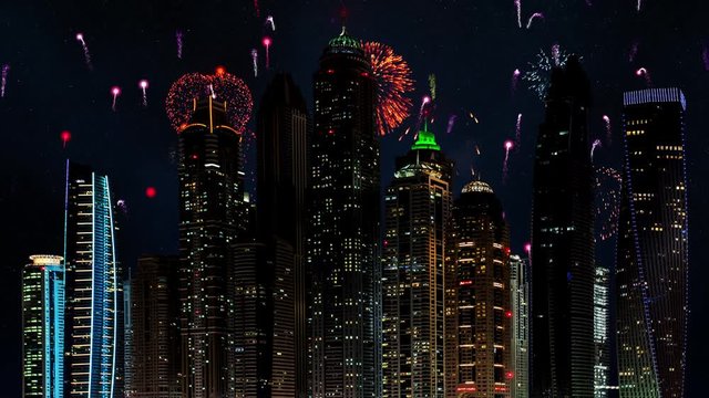Fireworks over the Dubai city skyline in the United Arab Emirates.