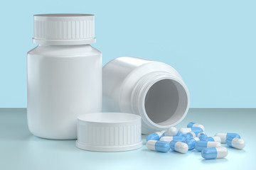 3d rendering, white medicine bottle with capsules
