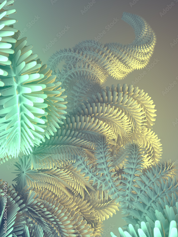 Poster Abstract futuristic curled shape surrounded by colored mist. Computer generated geometric illustration. 3d rendering