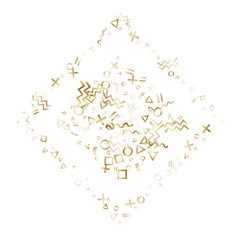 Memphis style geometric confetti vector background of triangle circle square shapes, chevron wavy lines.