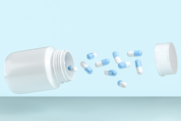 3d rendering, white medicine bottle with capsules