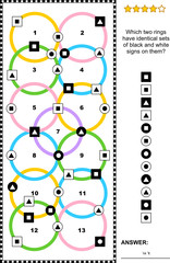 IQ training abstract visual puzzle (suitable both for kids and adults): Which two rings have identical sets of black and white signs on them? Answer included.