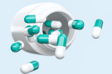 3d rendering, white medicine bottle with capsules