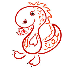Funny joyful dinosaur in the hearts, with a butterfly in its paw