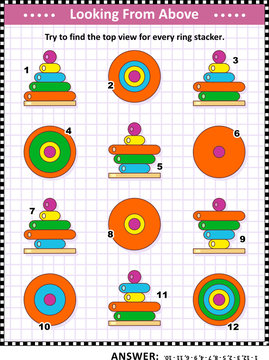 Math visual puzzle or picture riddle with colorful ring stacking toys: Find the top view for every toy tower of wooden rings. Answer included.