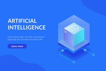Artificial intelligence web template. The process of data processing. Large computing power. Developments in modern technologies
