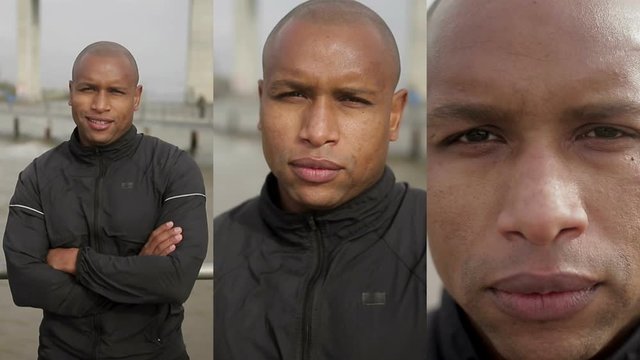 Collage of medium and close up shots of serious handsome bald Afro-American man in black sportswear standing on quay, looking at camera. Sport, lifestyle concept        