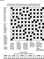 Puzzle page with two games: 19x19 fill-in (or criss-cross, else kriss-kross) crossword puzzle (English language) and visual puzzle with whimsical faces. Black and white, A4 or letter sized. Answers ar