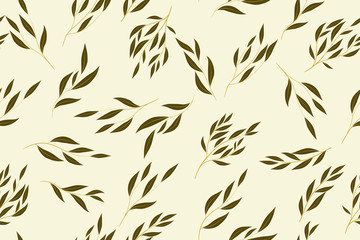 Obraz premium Autumn Seamless Pattern with Eucalyptus Leaves. Foliage Natural Branches. Decorative Background in Vintage Style. Seamless Eucalyptus Pattern for Fabric, Textile, Wrapping Paper, Cloth, Dress, Print.