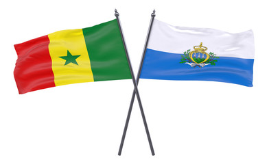 Senegal and San Marino, two crossed flags isolated on white background. 3d image