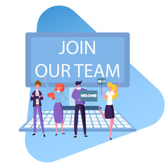search and hire a new employee, friendly team of office workers are looking for a specialist, vector image, flat design, colorful and simple characters