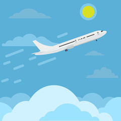 Airplane flying in sky above clouds higher and higher to top. Travel concept ads design. Vector illustration.