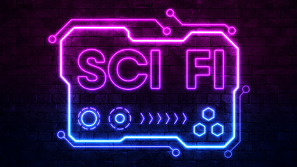 Modern neon sign sci-fi, great design for any purposes. Science, futuristic, energy technology concept. Light effect. Glow effect. Brick wall background. 3d render