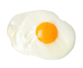 Fried appetizing egg on white isolated background. Close-up. View from above.