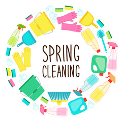 Cute spring cleaning utensils background in vivid eye catching colors