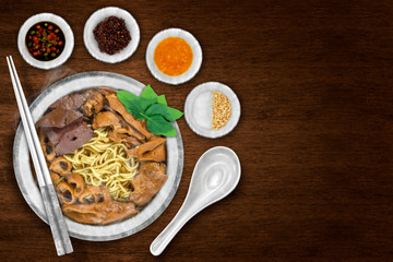 Egg noodles with chicken and blood jelly.