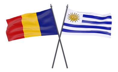 Romania and Uruguay, two crossed flags isolated on white background. 3d image