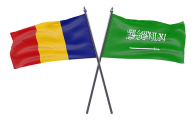 Romania and Saudi Arabia, two crossed flags isolated on white background. 3d image