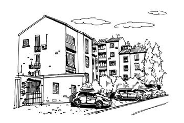 Hand drawn ink line sketch of european street