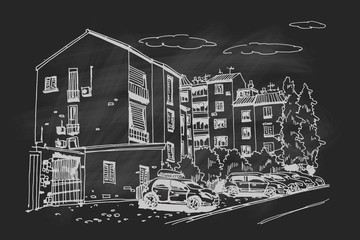 Hand drawn ink line sketch of european street