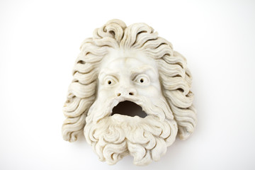 Male theatrical mask first century A.D. Classic roman greek sculpture. Isolated grey marble on white background.