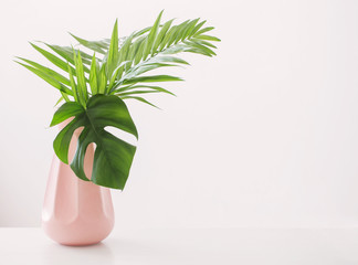 vase with palm leaves on white background