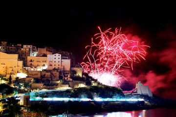 Fireworks on Sperlonga city. Lazio. Italy